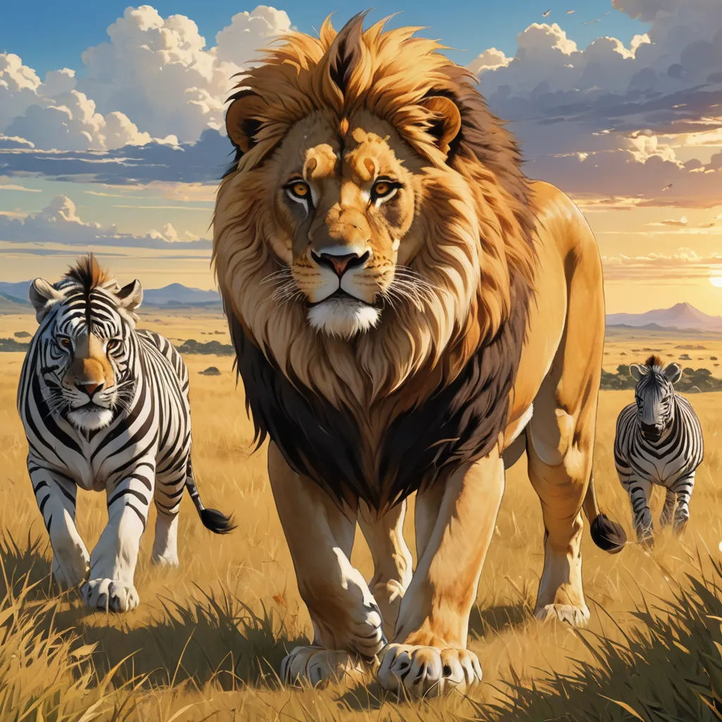 a lion and a zebra are walking in a field of grass with a sky background and clouds in the background, fantastic realism, an oil painting, Brothers Hildebrandt, highly detailed digital painting