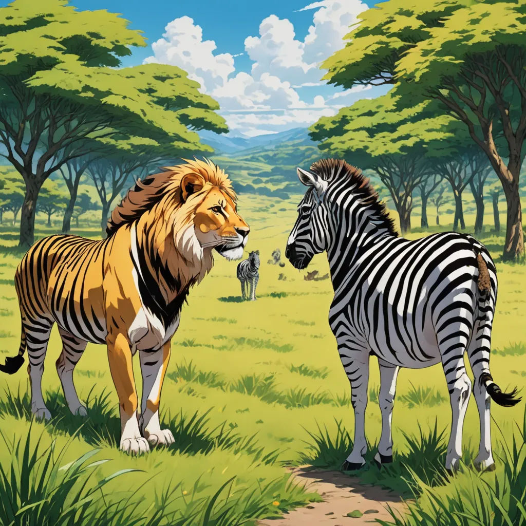 a couple of zebra standing on top of a lush green field next to a forest filled with trees and grass, naturalism, an album cover, Chris LaBrooy, furaffinity