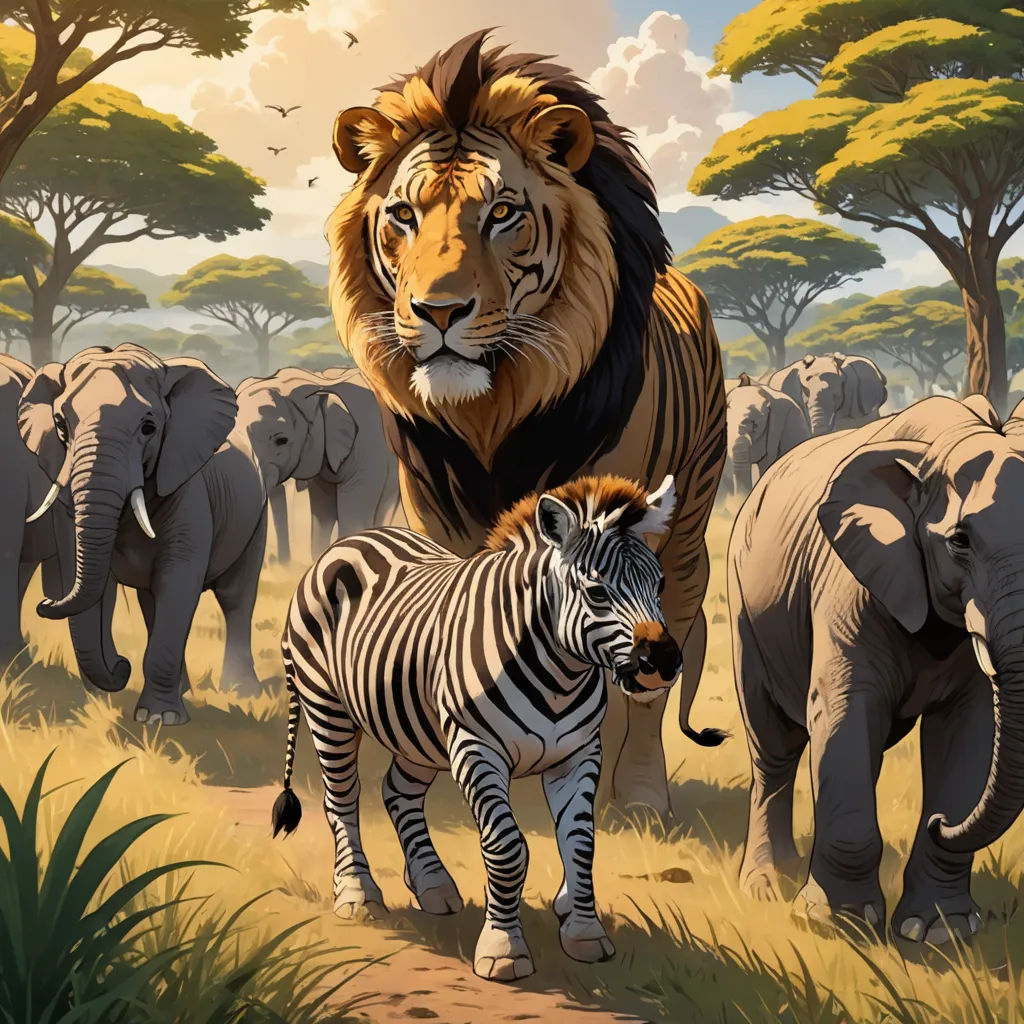 a painting of a lion and a zebra in a field with elephants in the background and a baby zebra in the foreground, fantastic realism, a storybook illustration, Chris LaBrooy, furaffinity