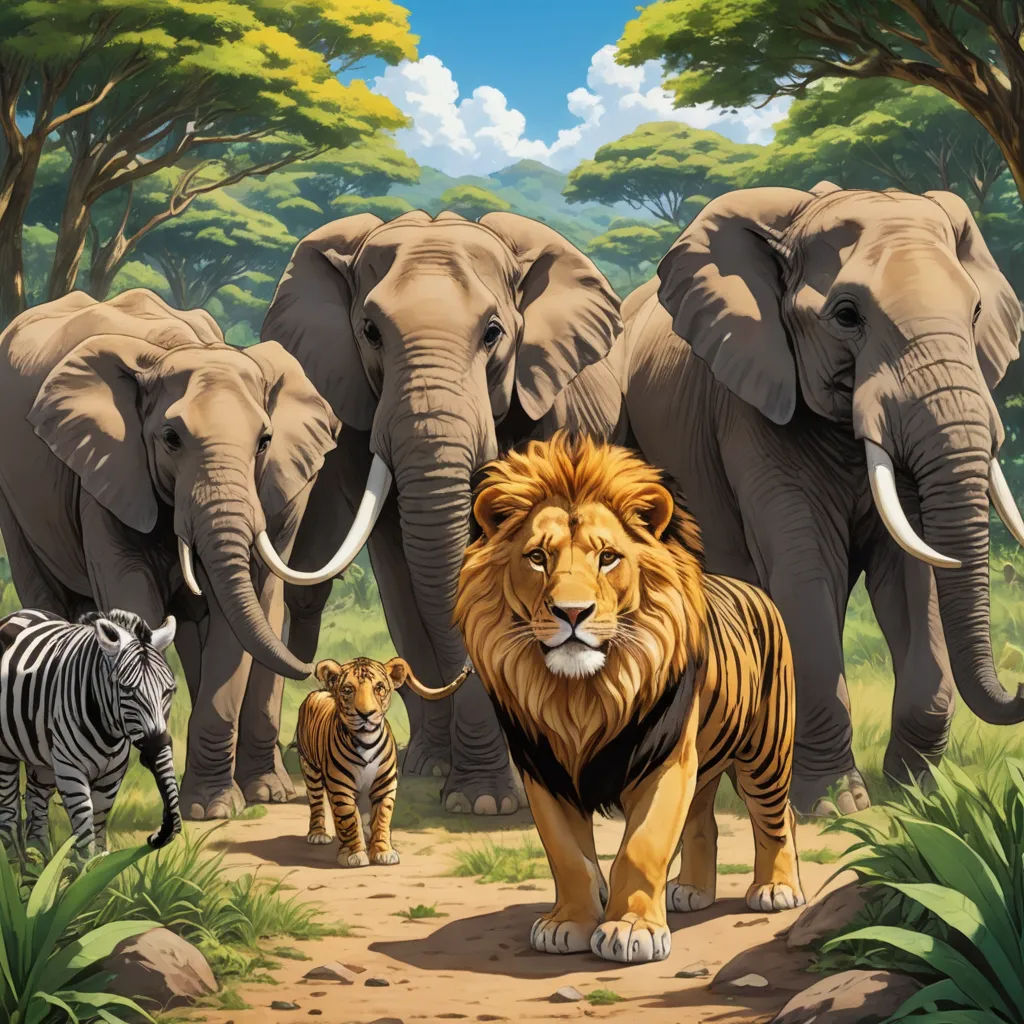 a painting of a lion, zebra, and other animals walking in a jungle area with trees and bushes, american scene painting, a storybook illustration, Brothers Hildebrandt, official art