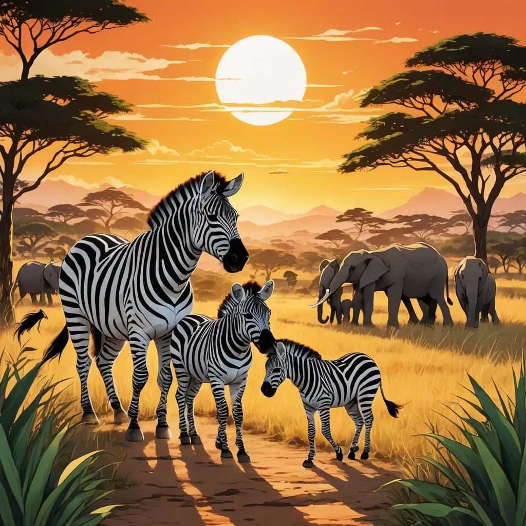 a painting of a family of zebras and elephants in the wild at sunset with elephants in the background, naive art, a storybook illustration, Brothers Hildebrandt, nature