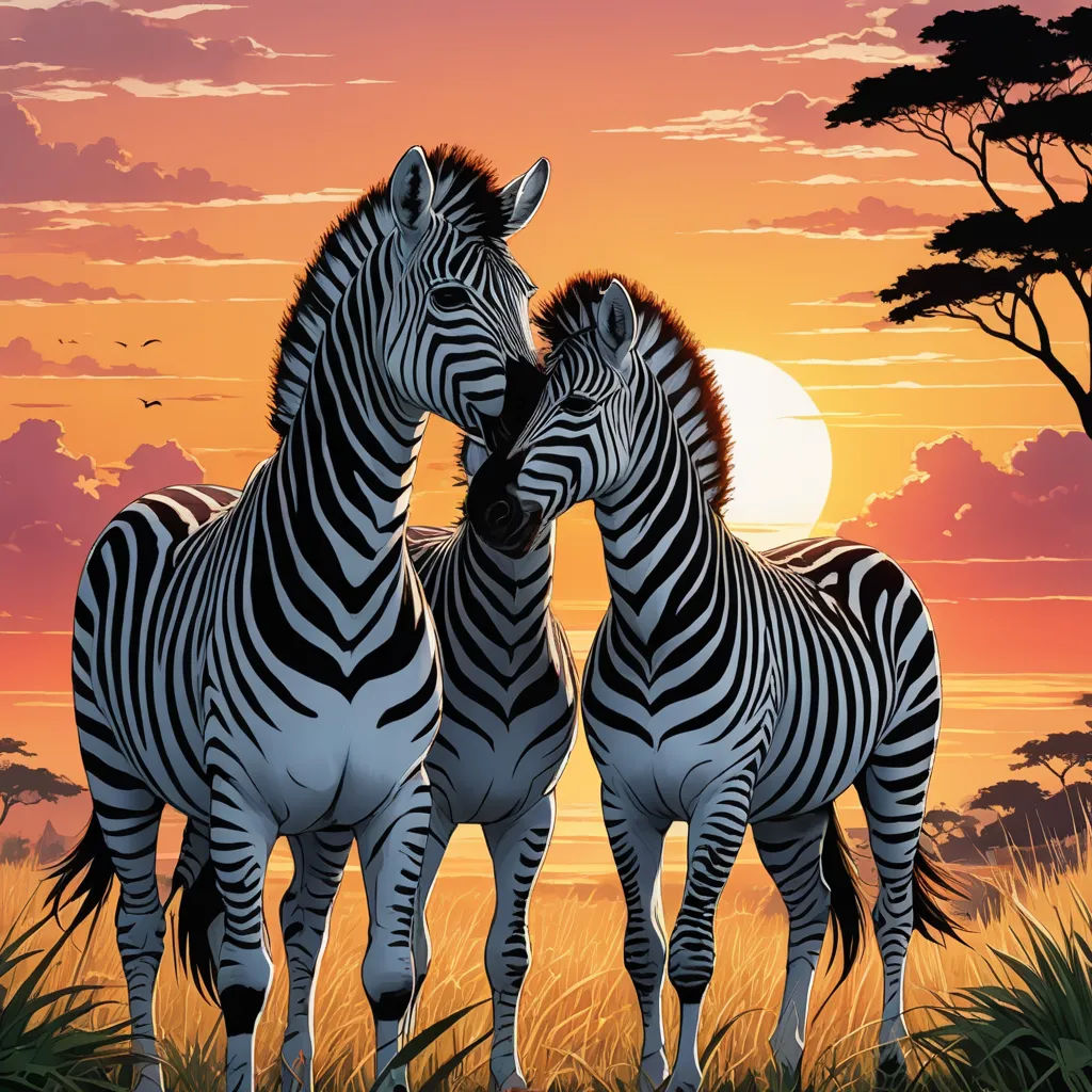 two zebras standing next to each other in a field at sunset with a tree in the background and a setting sun, naturalism, an airbrush painting, Brothers Hildebrandt, highly detailed digital painting