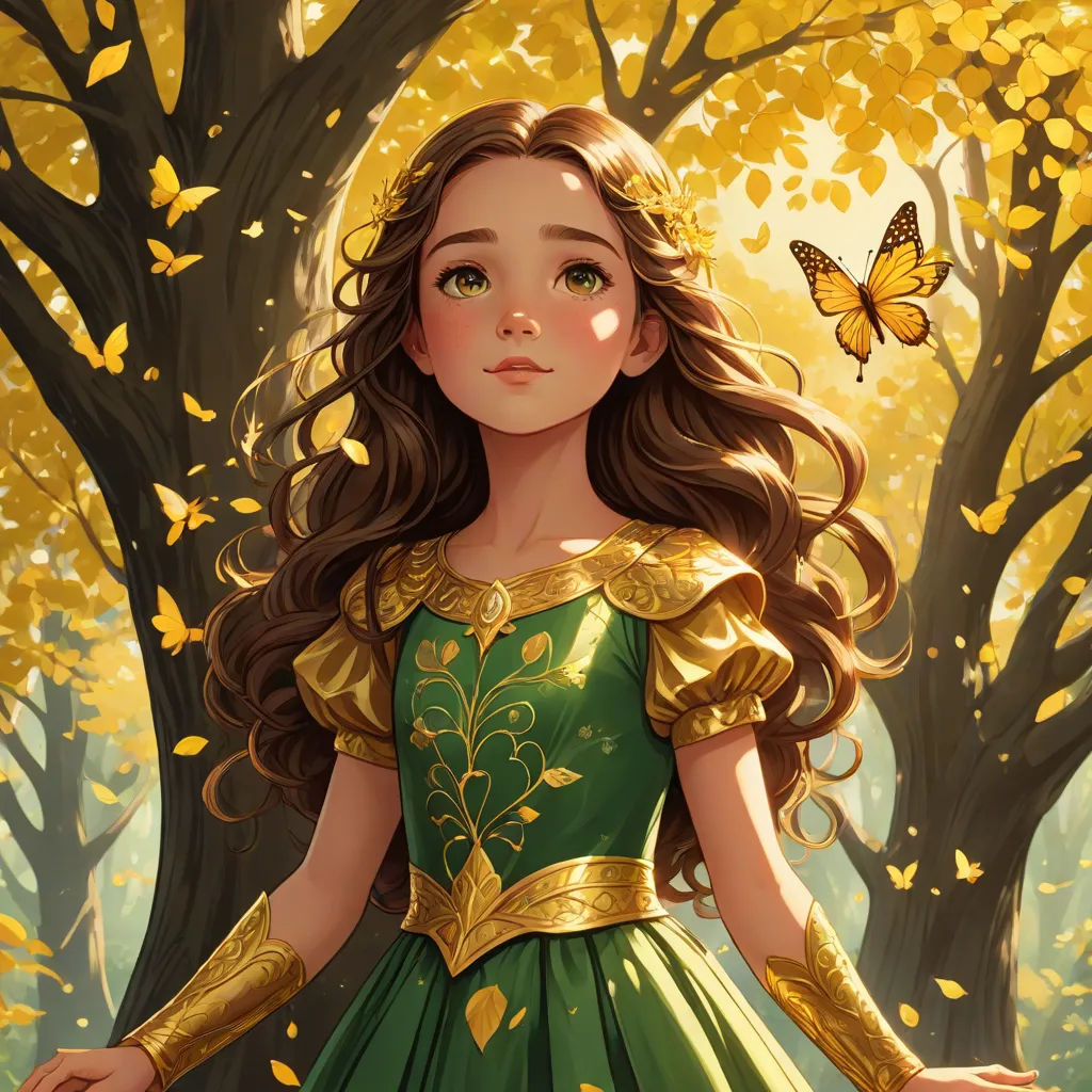 a girl in a green dress standing in front of a tree with a butterfly on it's shoulder, Charlie Bowater, fantasy art, a storybook illustration, rossdraws global illumination