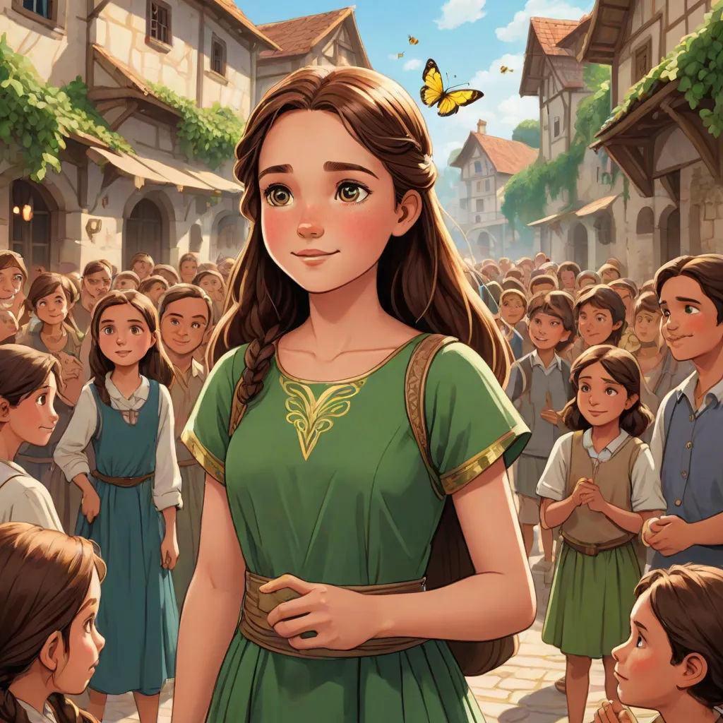 a girl in a green dress standing in front of a crowd of people in a village with a butterfly on her shoulder, Ada Gladys Killins, renaissance, a storybook illustration, official art