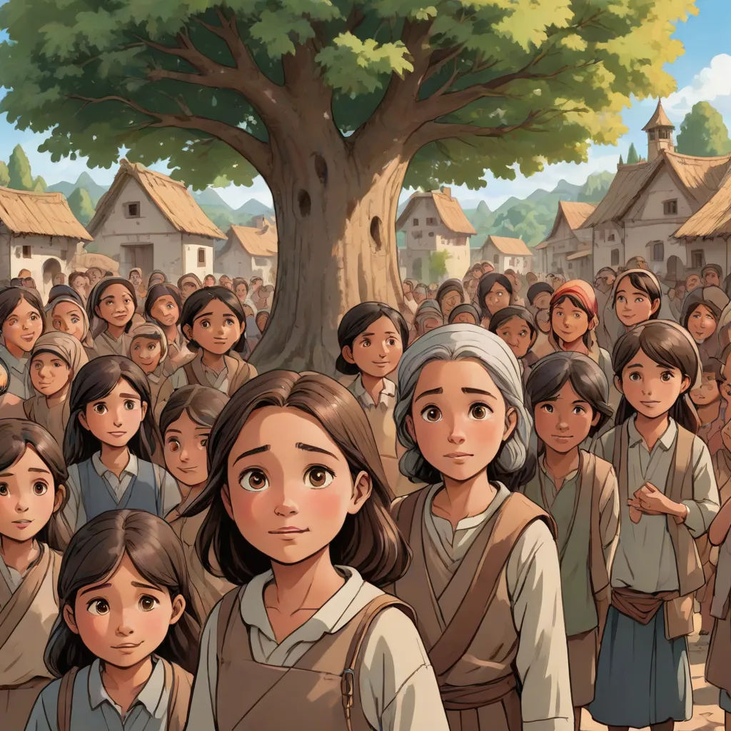 a crowd of people standing next to a tree in a village with a tree in the middle of the picture, Choi Buk, context art, a storybook illustration, official art