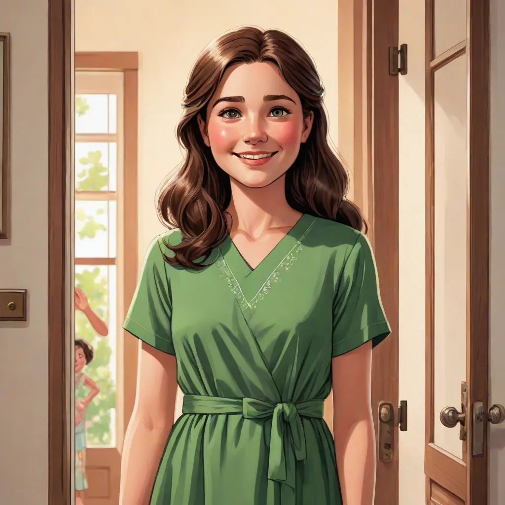 a woman in a green dress standing in a doorway with a smile on her face and hands in her pockets, Constance Gordon-Cumming, american scene painting, a storybook illustration, kinkade