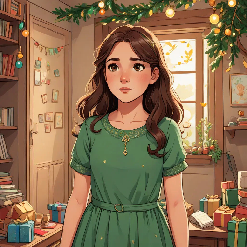 a girl in a green dress standing in a room with a christmas tree and a bookcase in the background, Clarice Beckett, sots art, a character portrait, kinkade
