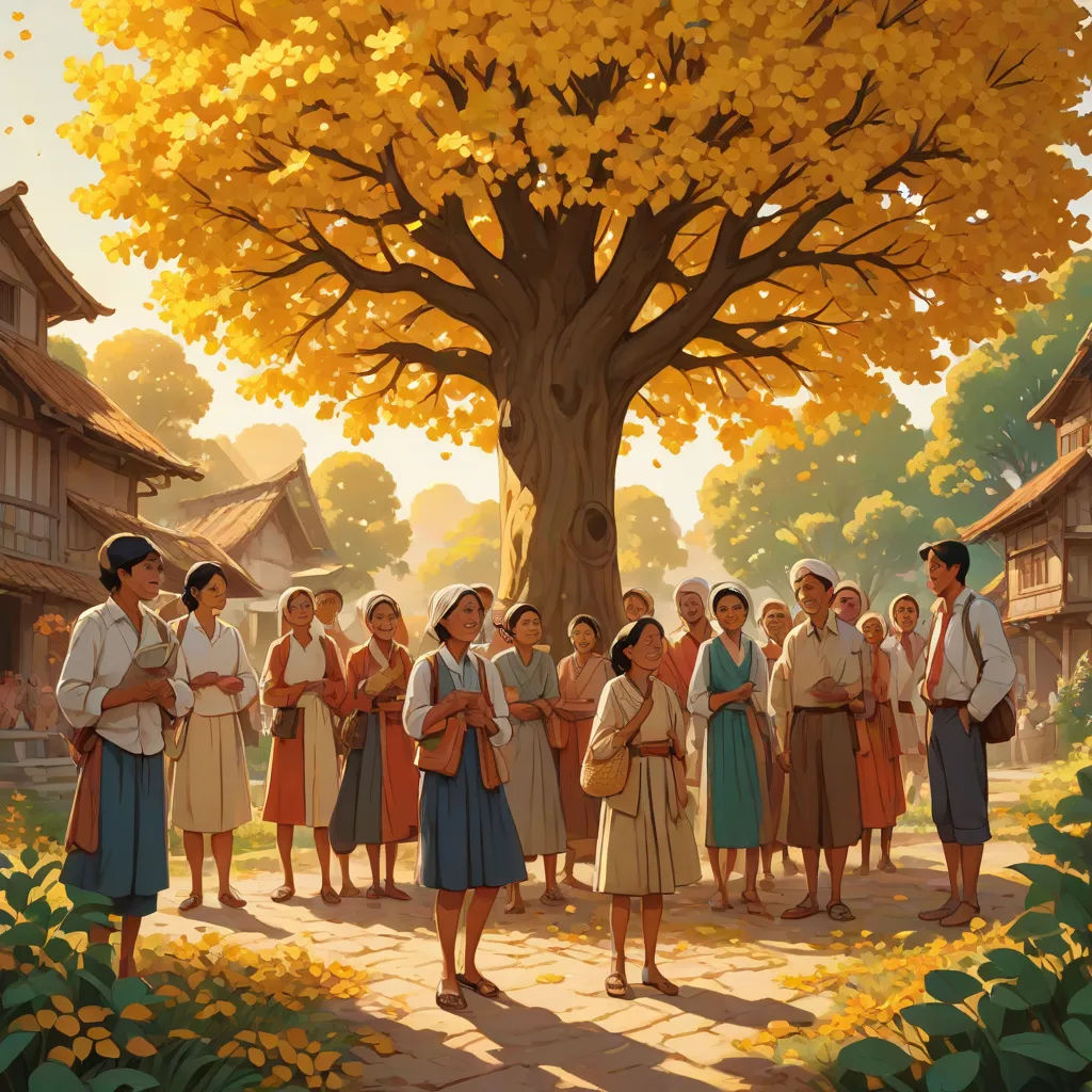a painting of a group of people standing in front of a tree with yellow leaves on it and a man in a white shirt, Christophe Vacher, american scene painting, a storybook illustration, storybook illustration