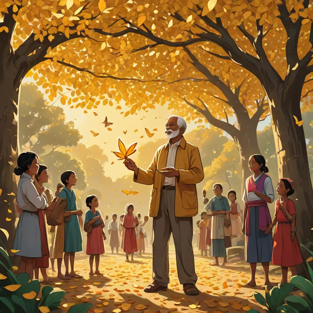 a man holding a butterfly in a forest with many people watching him and a woman standing in front of him, Esao Andrews, american scene painting, a storybook illustration, official art