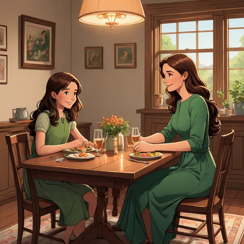 a couple of women sitting at a table with plates of food on it and a vase of flowers in front of them, Clarice Beckett, american scene painting, a storybook illustration, official art