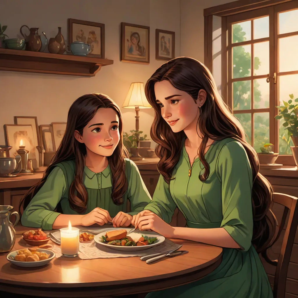 a painting of two girls sitting at a table eating food together, with a candle in the middle of the table, Alejandro Burdisio, american scene painting, a storybook illustration, official art