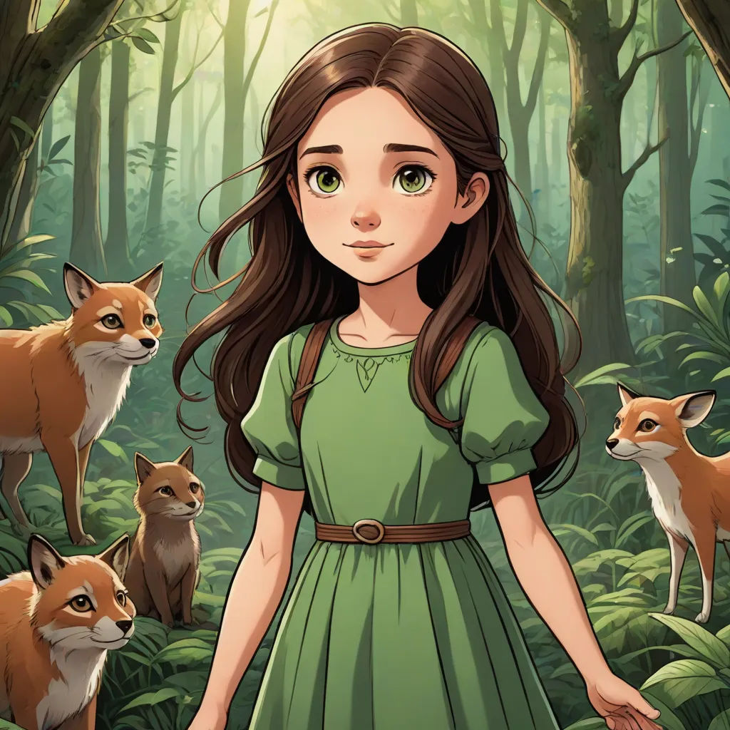 a girl in a green dress standing in a forest with foxes behind her and a forest scene behind her, Clarice Beckett, furry art, a character portrait, official art