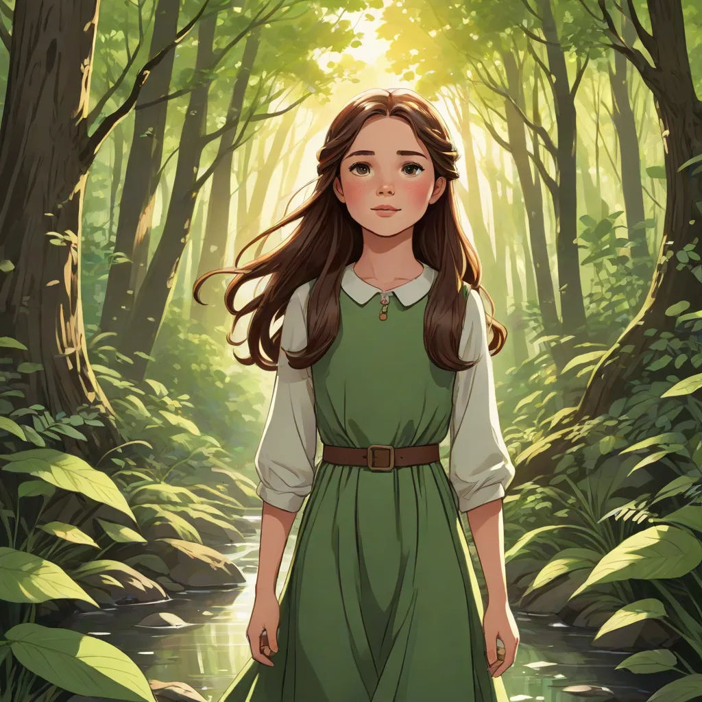 a girl in a green dress standing in a forest with a stream of water behind her and trees in the background, Clarice Beckett, fantasy art, a storybook illustration, official art