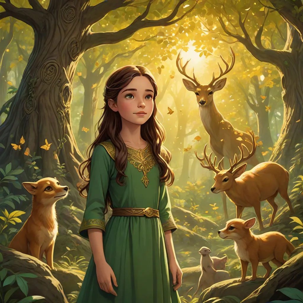 a painting of a girl in a green dress standing in a forest with deers and butterflies around her, Anato Finnstark, fantasy art, a storybook illustration, official art