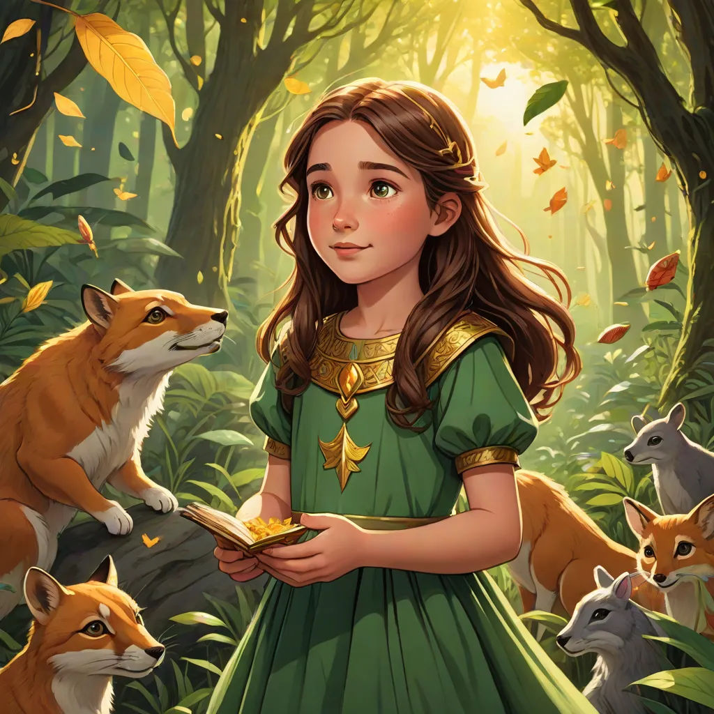 a girl in a green dress standing in a forest with foxes and a bird in her hand and a book in her hand, Clarice Beckett, fantasy art, a storybook illustration, official art