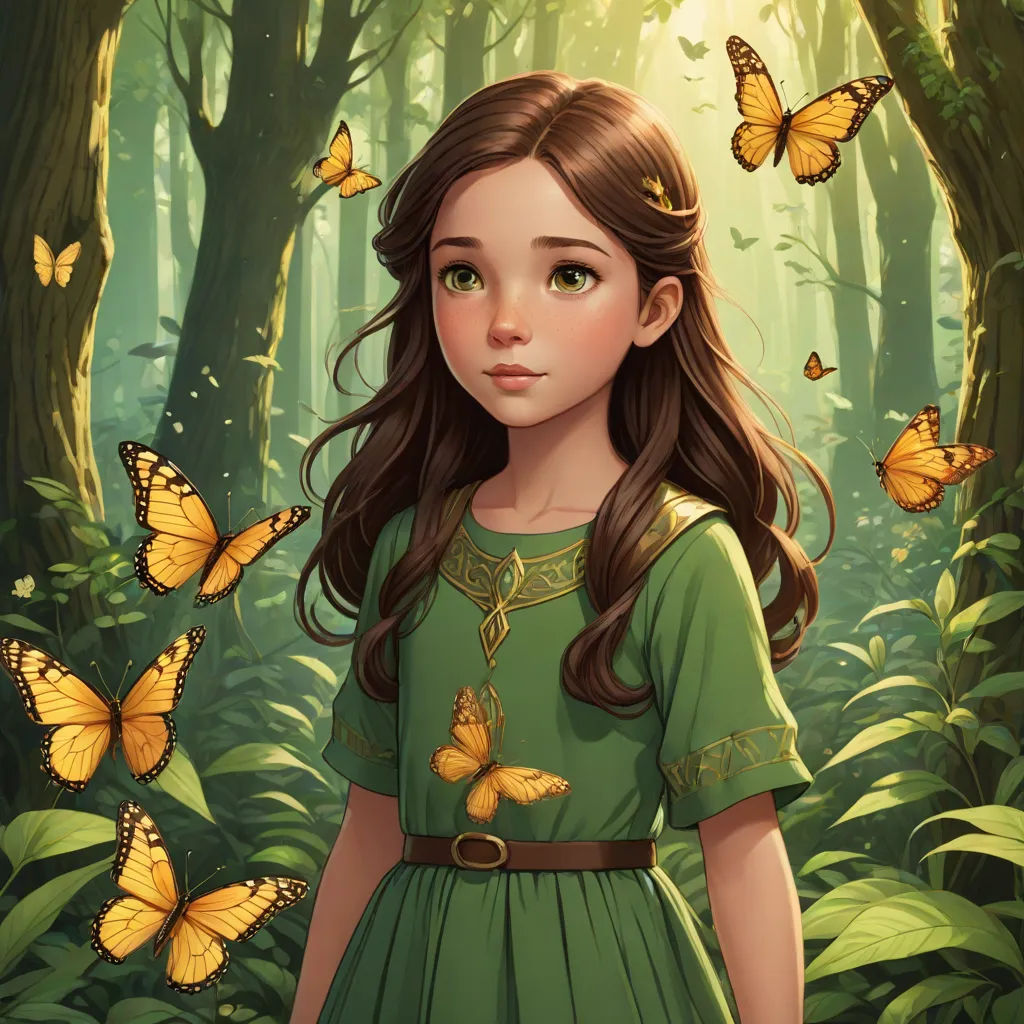 a girl in a green dress standing in a forest with butterflies flying around her and a forest background with yellow butterflies, Clarice Beckett, fantasy art, a storybook illustration, kinkade