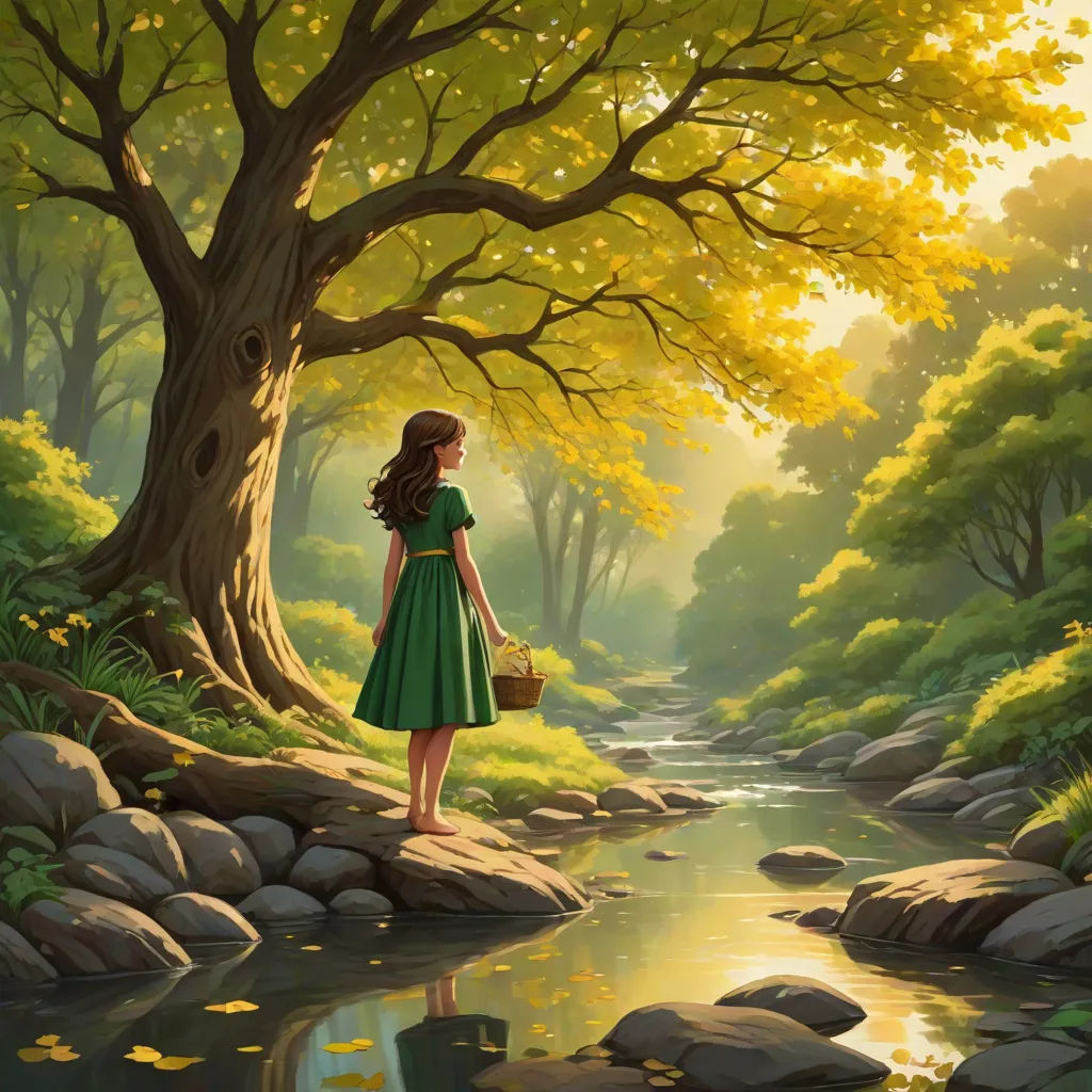 a painting of a girl in a green dress standing in a stream in a forest with rocks and trees, Christophe Vacher, fantasy art, a storybook illustration, storybook illustration