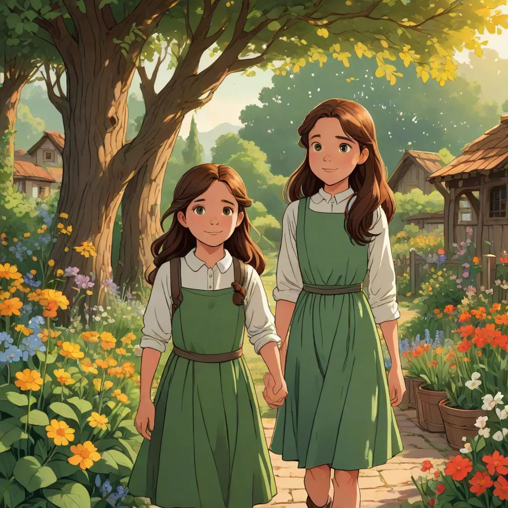 a couple of girls walking down a path next to a forest filled with flowers and trees, with a house in the background, Anne Said, rayonism, a detailed matte painting, official art
