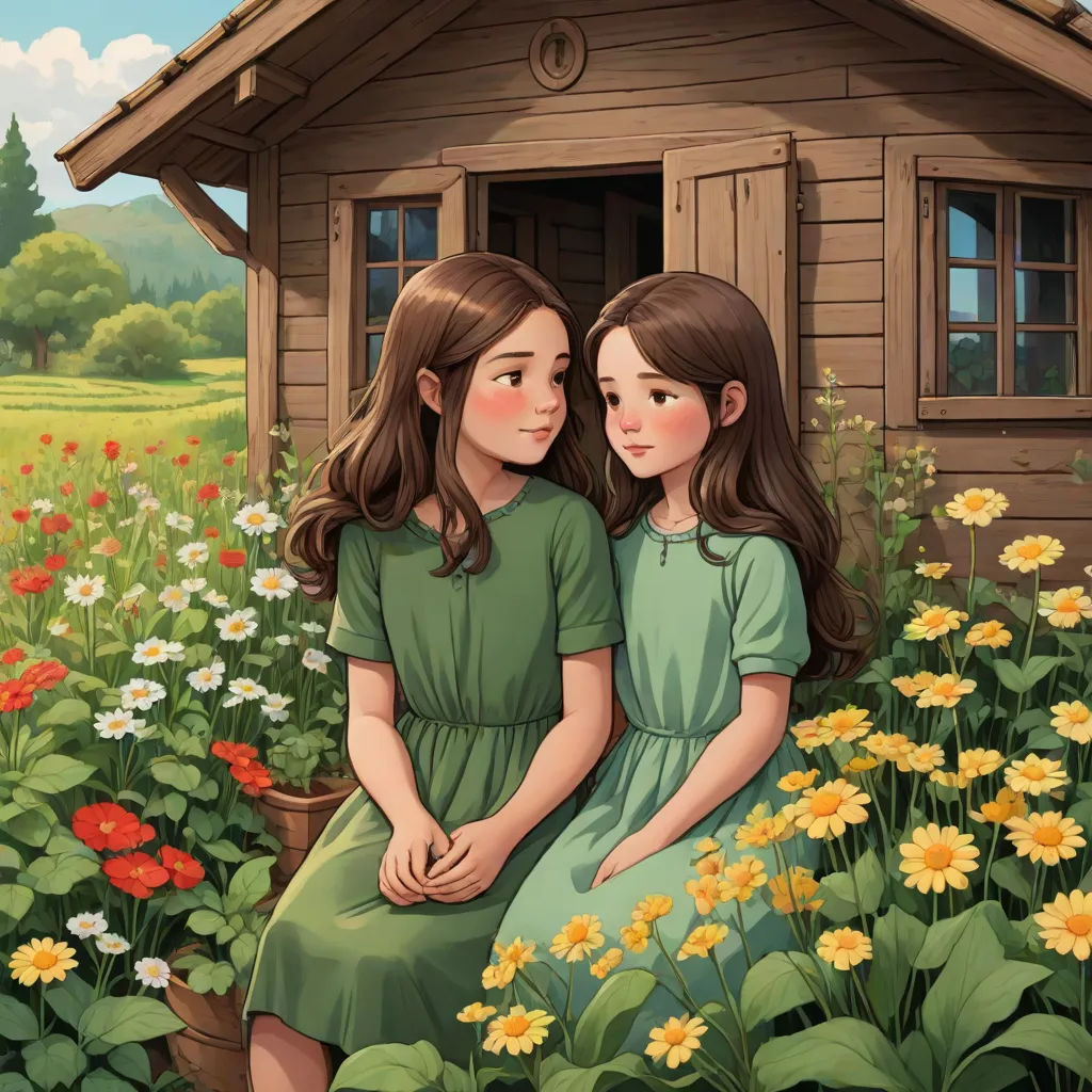 two girls sitting in a flower garden next to a small house with a window on the side of it, Brothers Hildebrandt, figurative art, a storybook illustration, storybook illustration