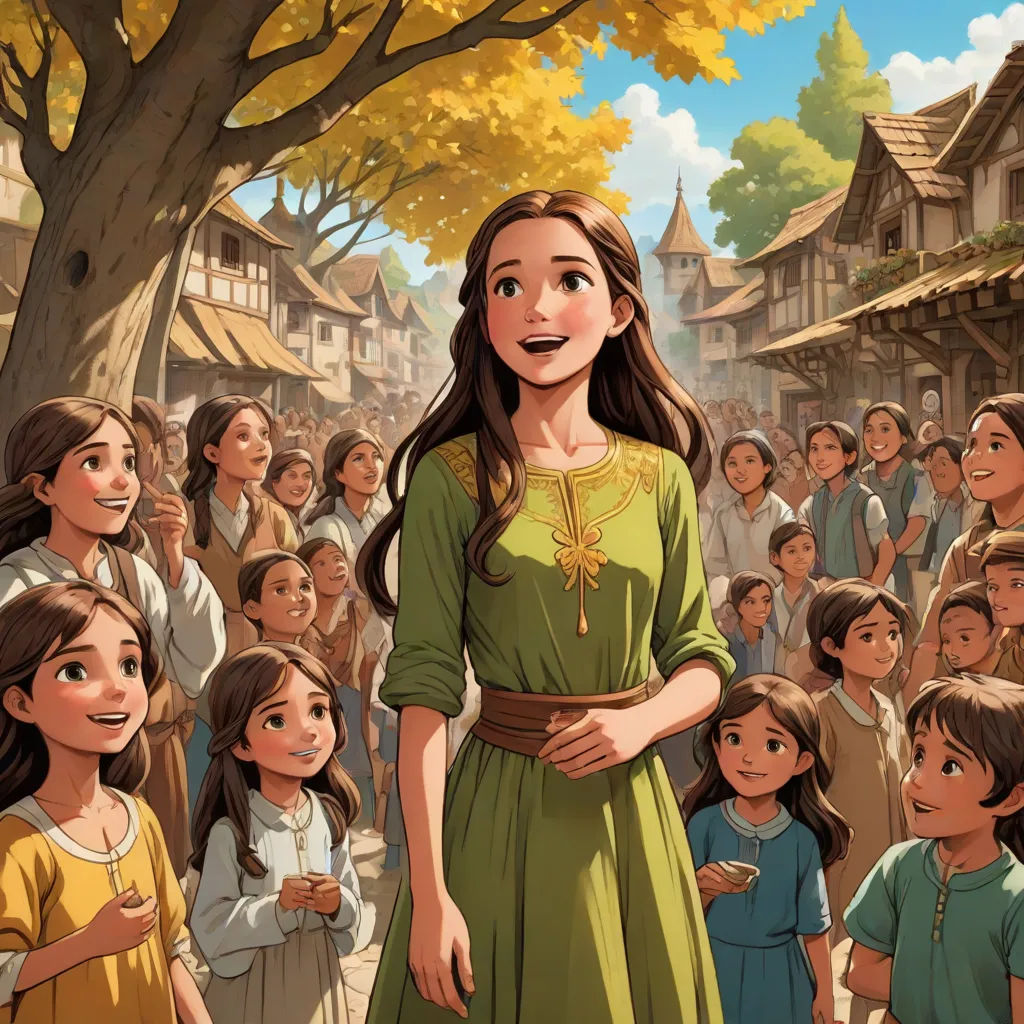 a woman in a green dress standing in front of a crowd of people in a village with a tree, disney, fantasy art, a storybook illustration, official art