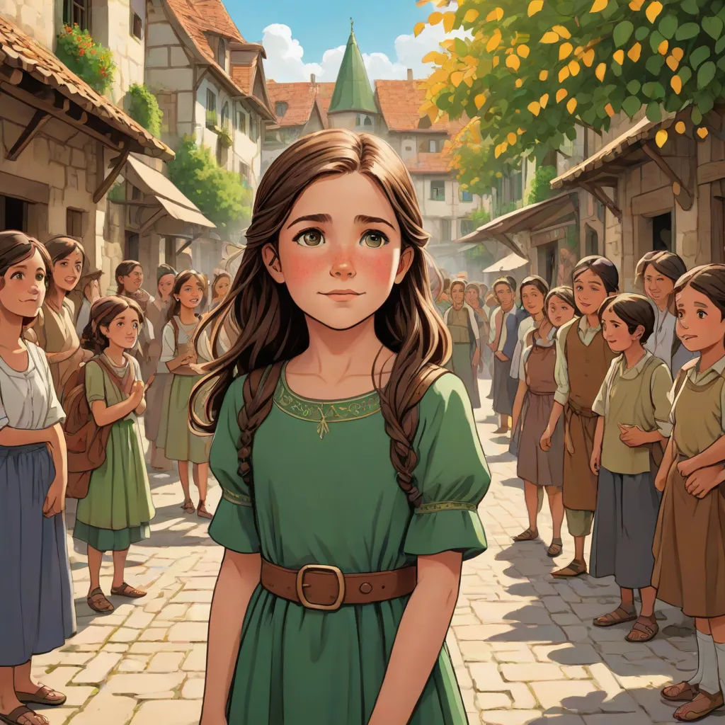 a painting of a girl in a green dress standing in front of a crowd of children in a village, Ada Gladys Killins, fantasy art, a storybook illustration, official art