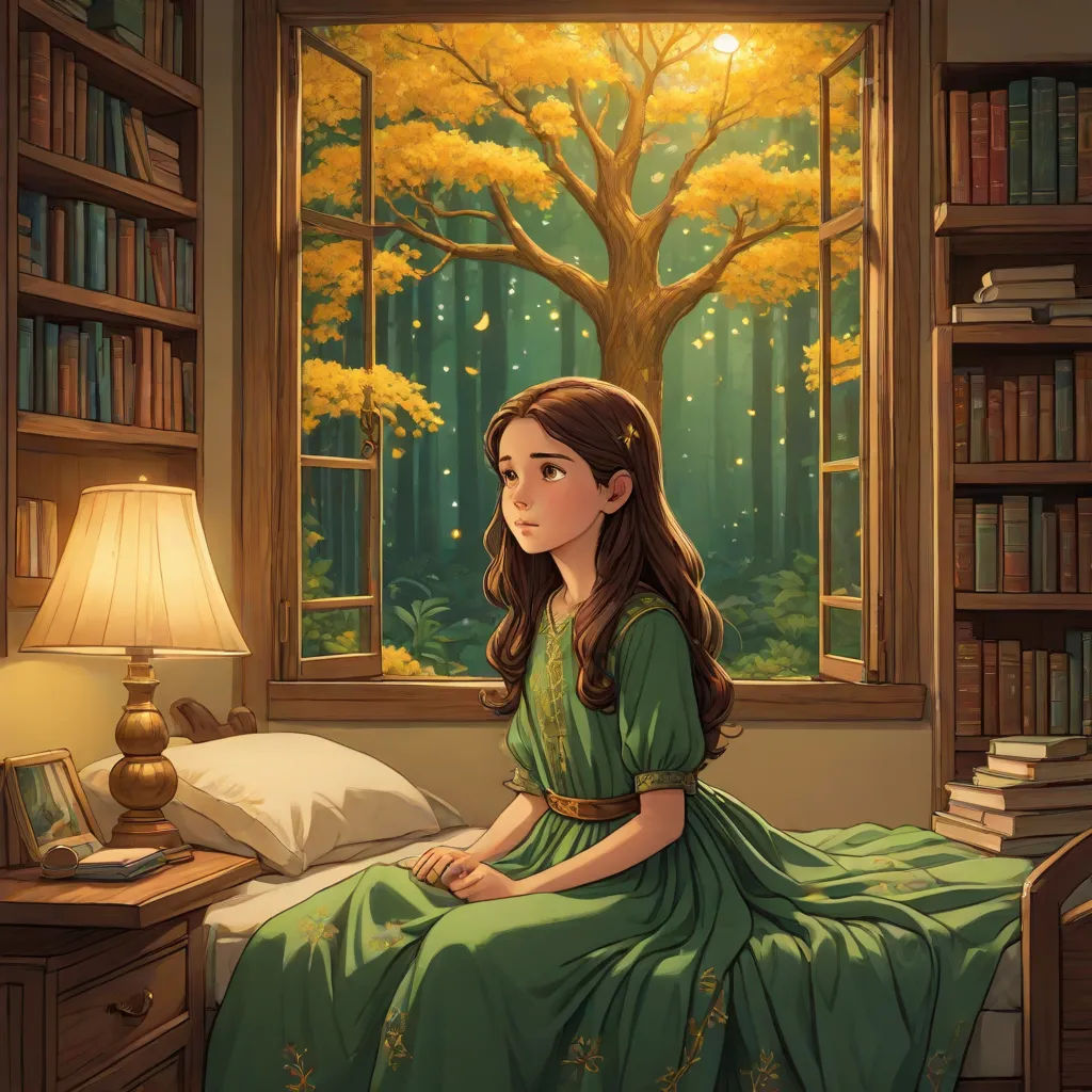 a painting of a girl sitting on a bed in front of a window with a tree outside of it, Clarice Beckett, fantasy art, a storybook illustration, storybook illustration