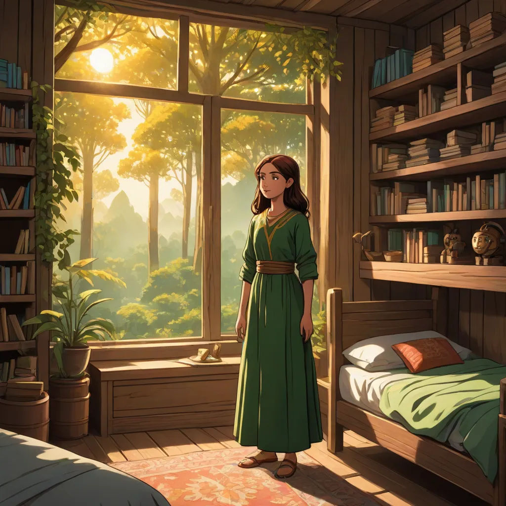 a woman in a green dress standing in a room with a window and a bed in it and a book shelf, Ada Gladys Killins, fantasy art, a storybook illustration, promotional image