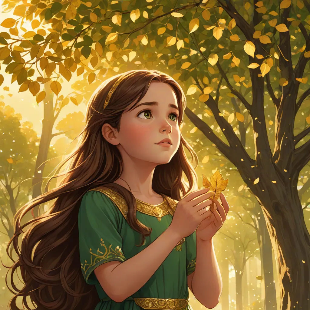 a painting of a girl holding a leaf in a forest with trees in the background and a yellow bird in her hand, Charlie Bowater, fantasy art, a storybook illustration, rossdraws global illumination