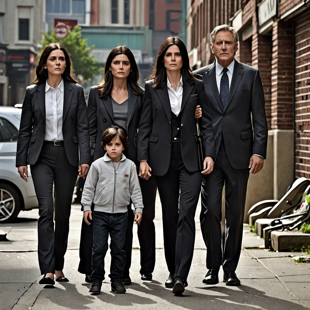 a family walking down a city street together in suits and ties, with a child in the foreground, de stijl, a poster, Didier Mouron, promotional image