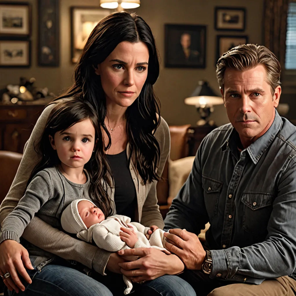 a man and woman holding a baby in their arms while sitting on a couch in a living room with a baby in their lap, american realism, a poster, Dan Scott, promotional image