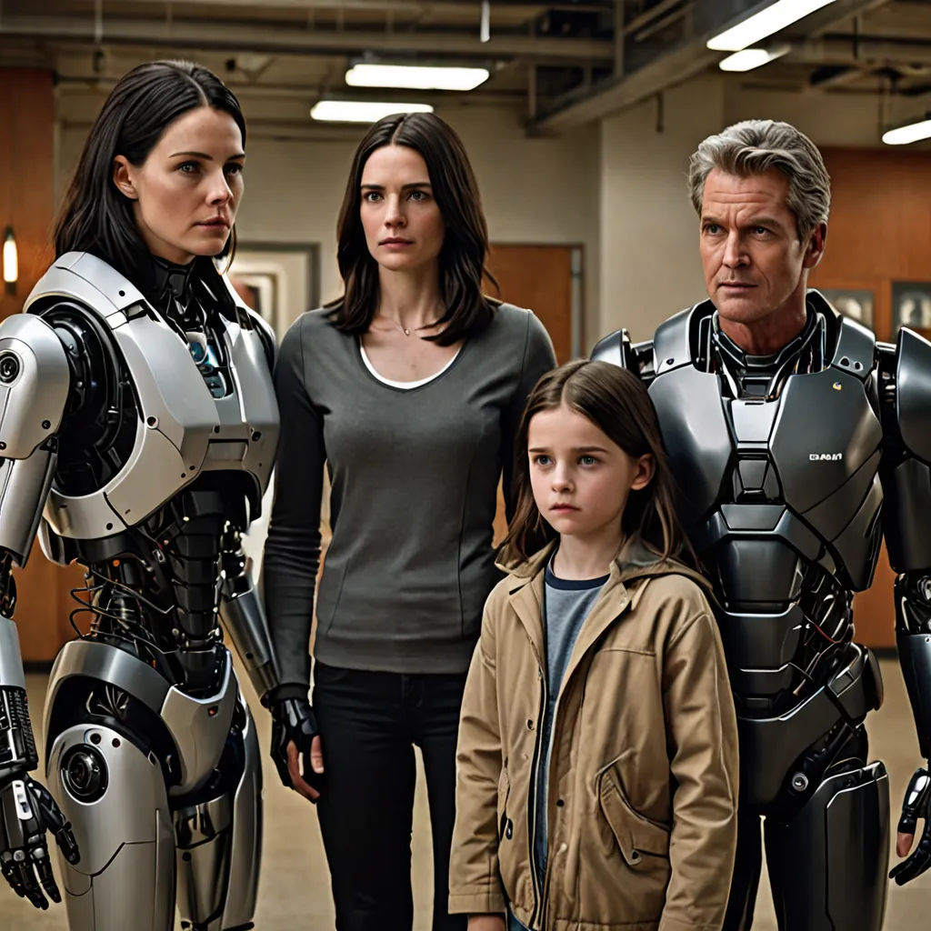 a family standing in a hallway with a robot behind them and a man in a suit and tie standing next to a woman, antipodeans, a poster, Charles Mahoney, promotional image