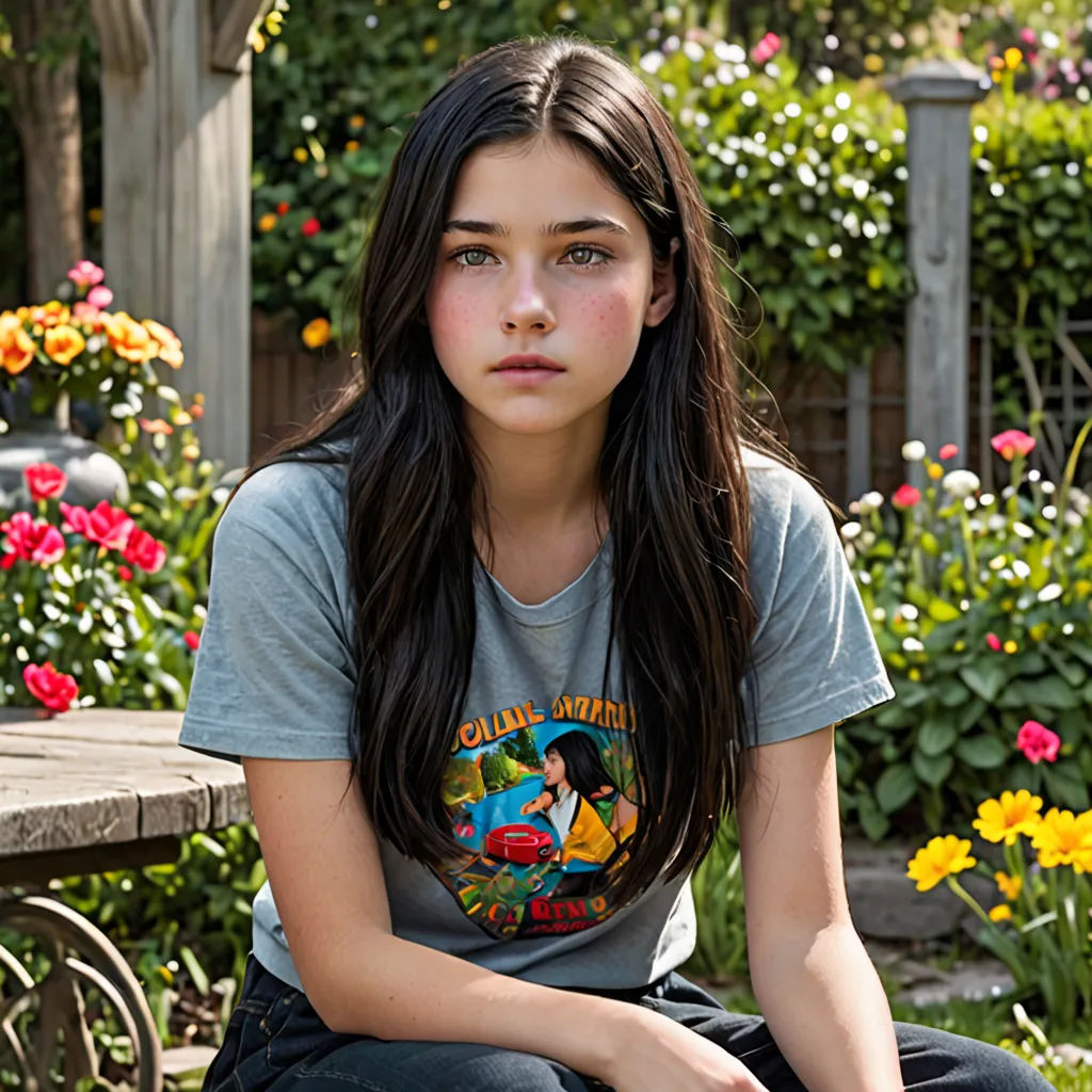 a girl sitting on a bench in a garden with flowers in the background and a bench in the foreground, lowbrow, a picture, Elinor Proby Adams, kai carpenter