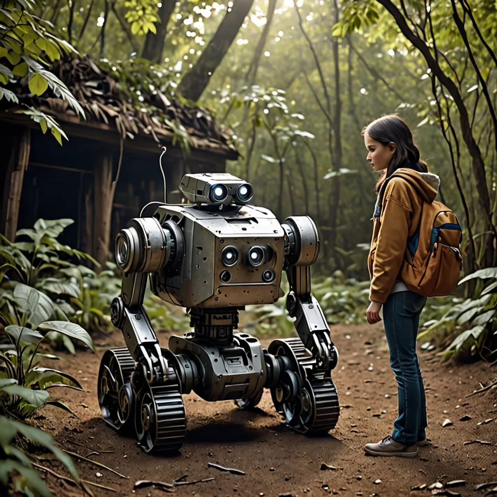 a woman standing next to a robot in the woods with a backpack on her shoulder and a backpack on her shoulder, les automatistes, a stock photo, Filip Hodas, robots
