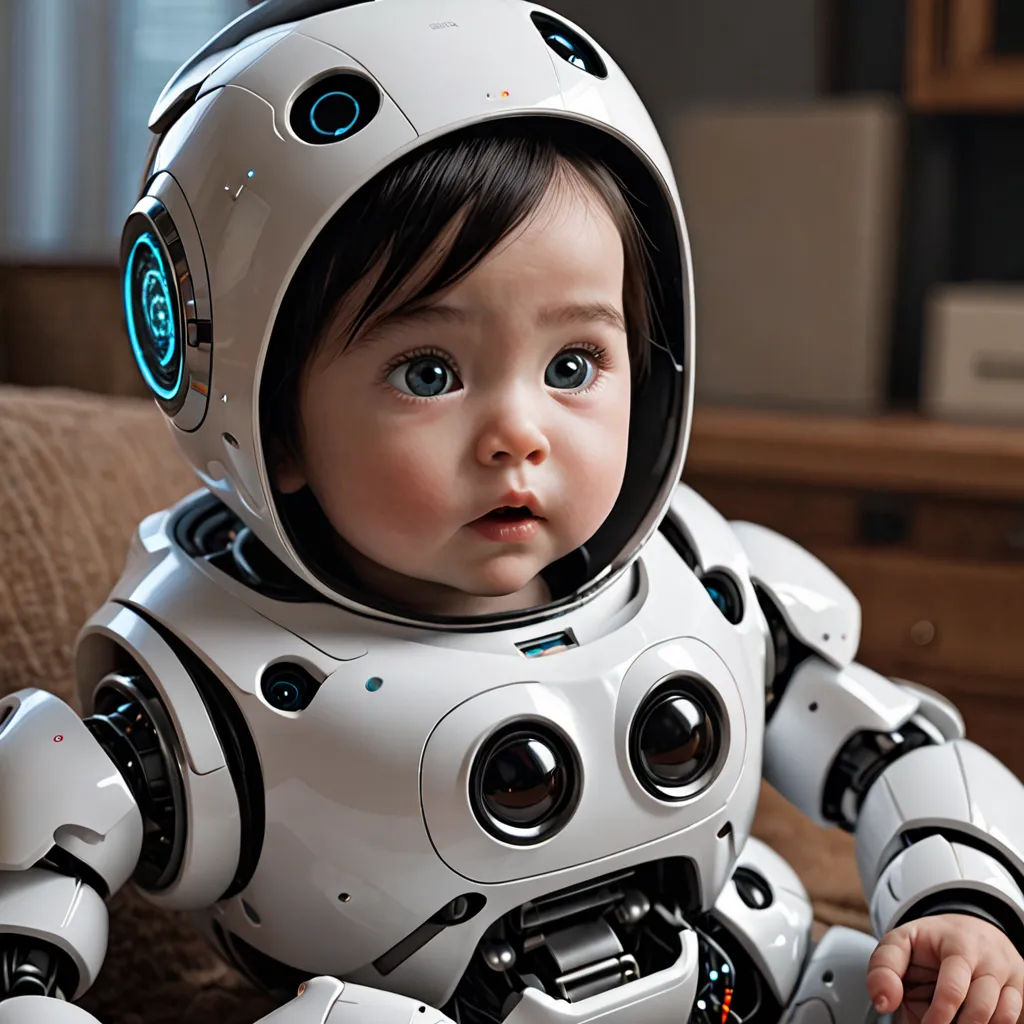 a baby in a robot suit sitting on a couch with a remote control in its hand and looking at the camera, retrofuturism, a computer rendering, Ai-Mitsu, future