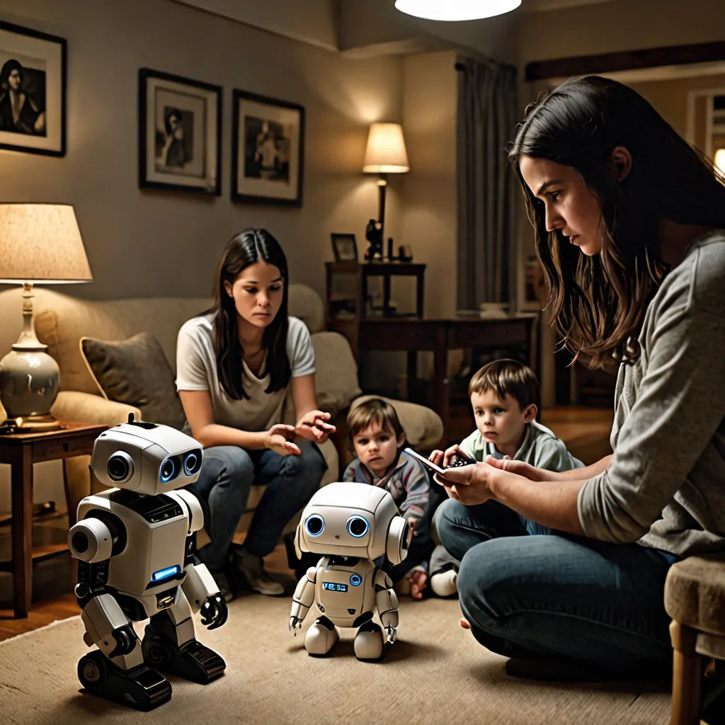 a woman sitting on the floor with two children and a robot toy in front of her and a woman sitting on the floor with two children, les automatistes, a computer rendering, Doug Ohlson, promotional image