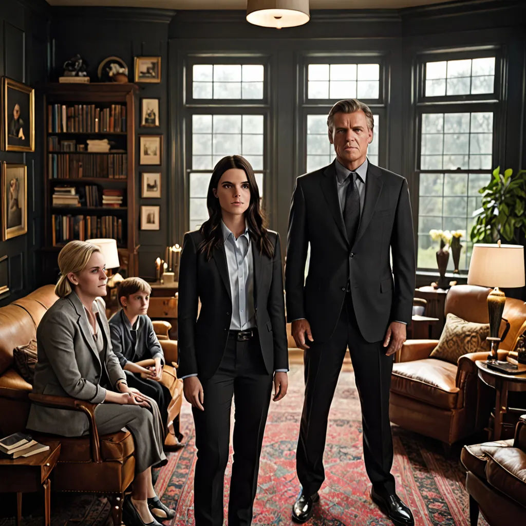 a man and woman standing in a living room with a man in a suit and tie standing next to a woman in a suit, heidelberg school, a poster, Everett Warner, promotional image