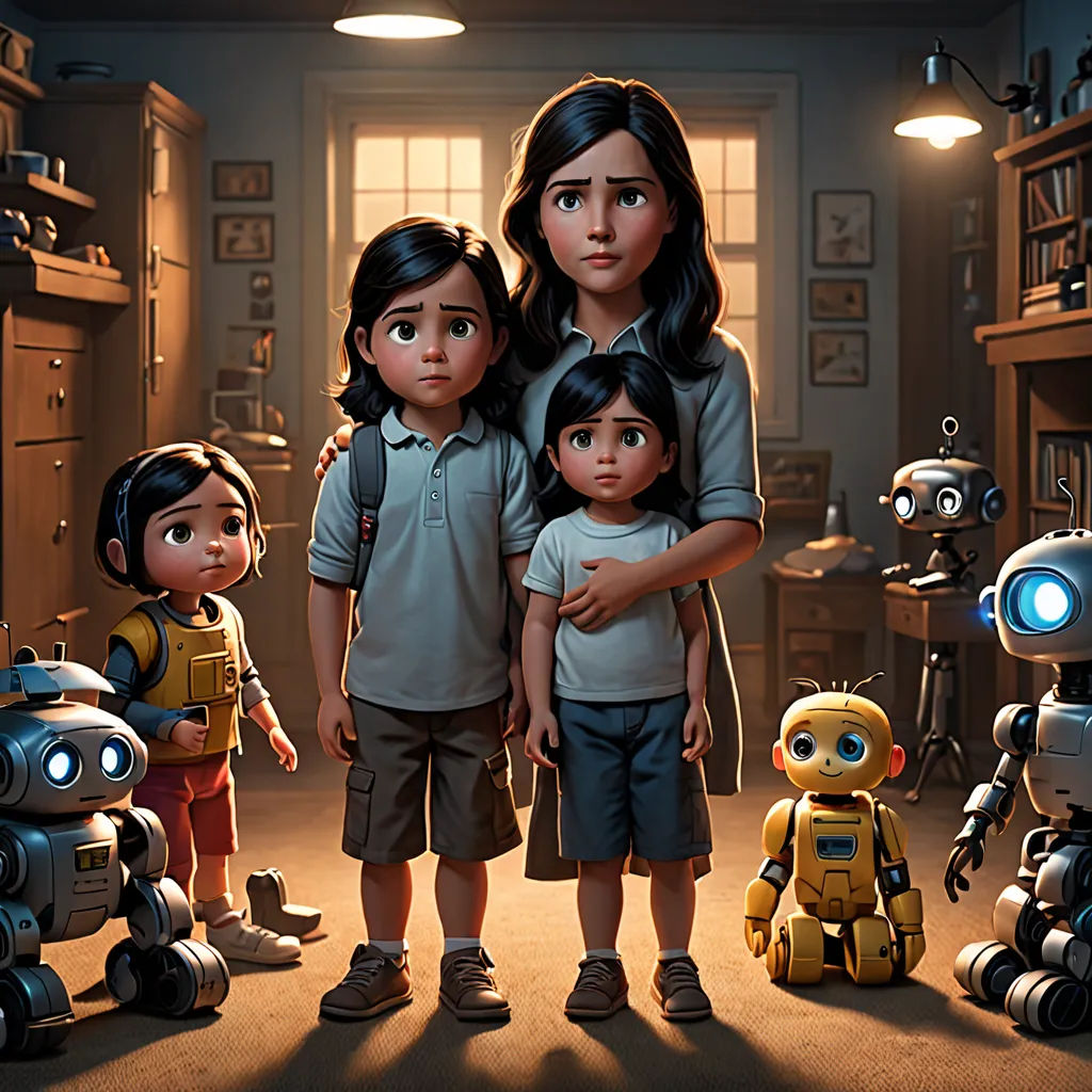 a family of five standing in a room with robots around them and a robot behind them, all looking at the camera, photorealism, poster art, Eddie Mendoza, promotional image