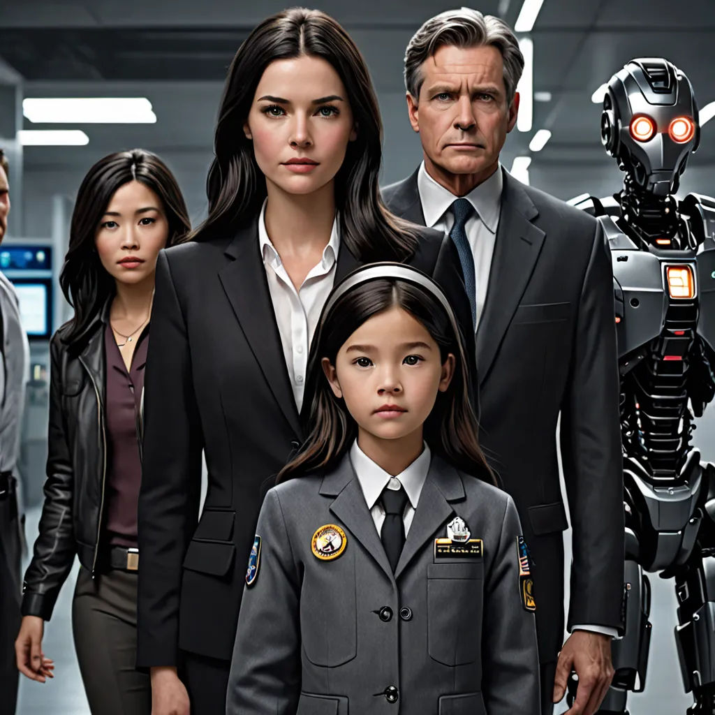 a group of people standing next to each other in a room with a robot on the wall behind them, panfuturism, a poster, Charles Mahoney, promotional image