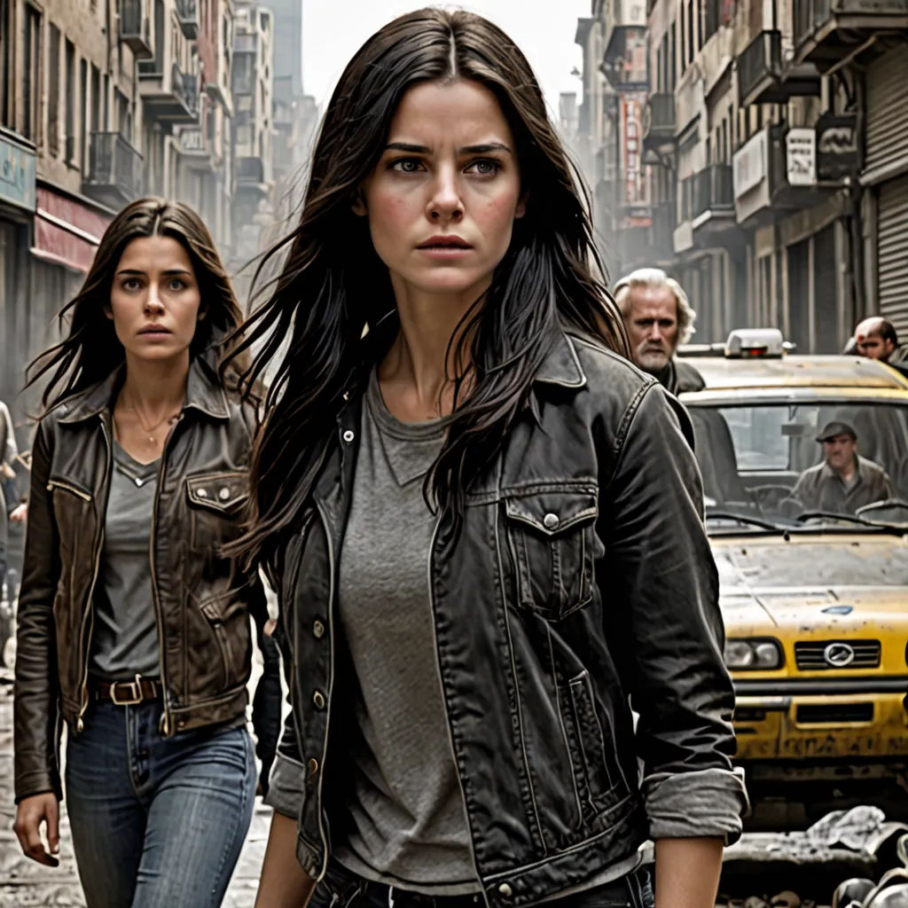 a woman walking down a street next to a man and a woman in a leather jacket and jeans and a yellow taxi, antipodeans, poster art, Eva Gonzalès, promotional image