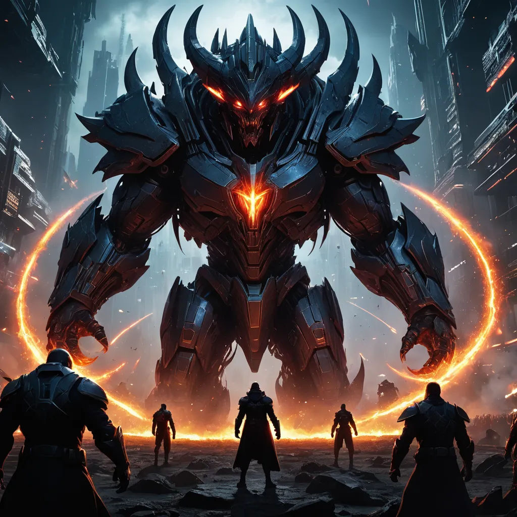 a group of people standing in front of a giant robot in a city at night with bright lights and a giant demon, fantasy art, concept art, Daryush Shokof, unreal engine 5
