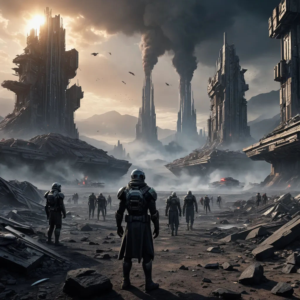 a group of people standing in a desert area with a giant city in the background and smoke billowing from the stacks of buildings, space art, a detailed matte painting, Cedric Peyravernay, unreal engine 4k