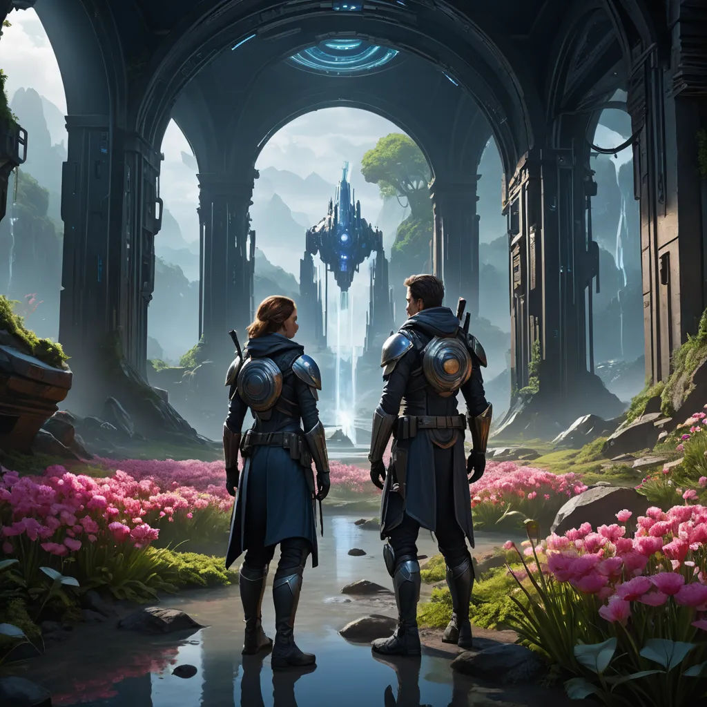 two people standing in a fantasy setting with flowers and a giant robot in the background, with a man in the foreground, fantasy art, concept art, Cedric Peyravernay, unreal 5