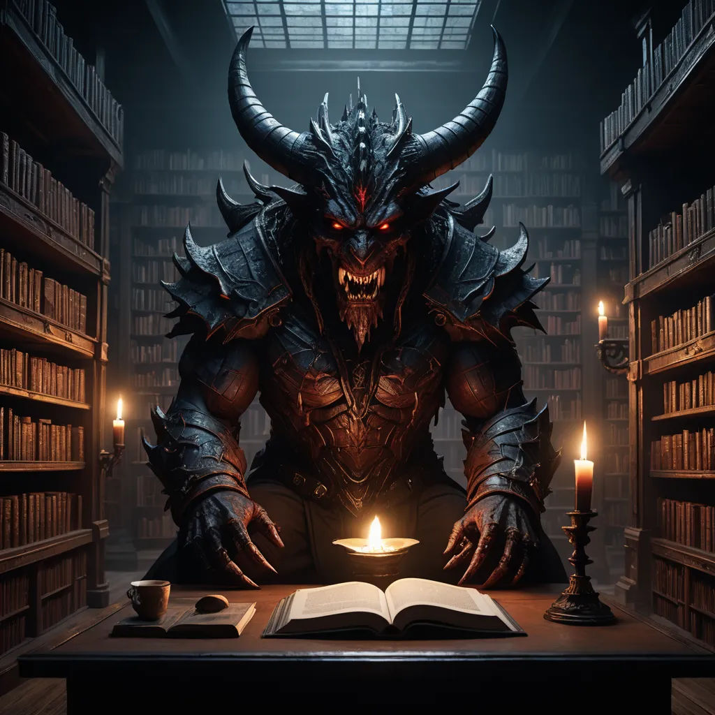 a demonic demon sitting at a table in a library with a candle in front of him and a book on the table, fantasy art, a 3D render, Cedric Seaut (Keos Masons), unreal engine render