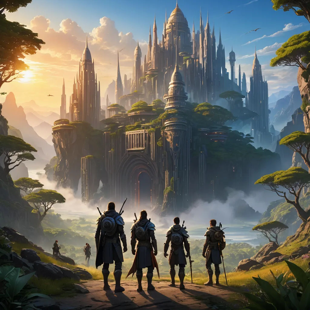 a group of people walking down a road near a castle in the sky with a castle in the background, fantasy art, a detailed matte painting, Andreas Rocha, rossdraws global illumination