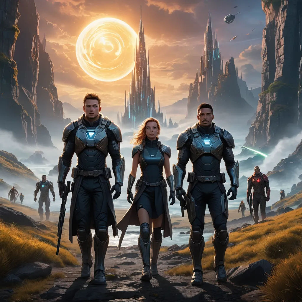 a group of people standing in front of a giant alien city with a giant moon in the background and a giant alien ship in the sky, antipodeans, concept art, Clint Cearley, key art