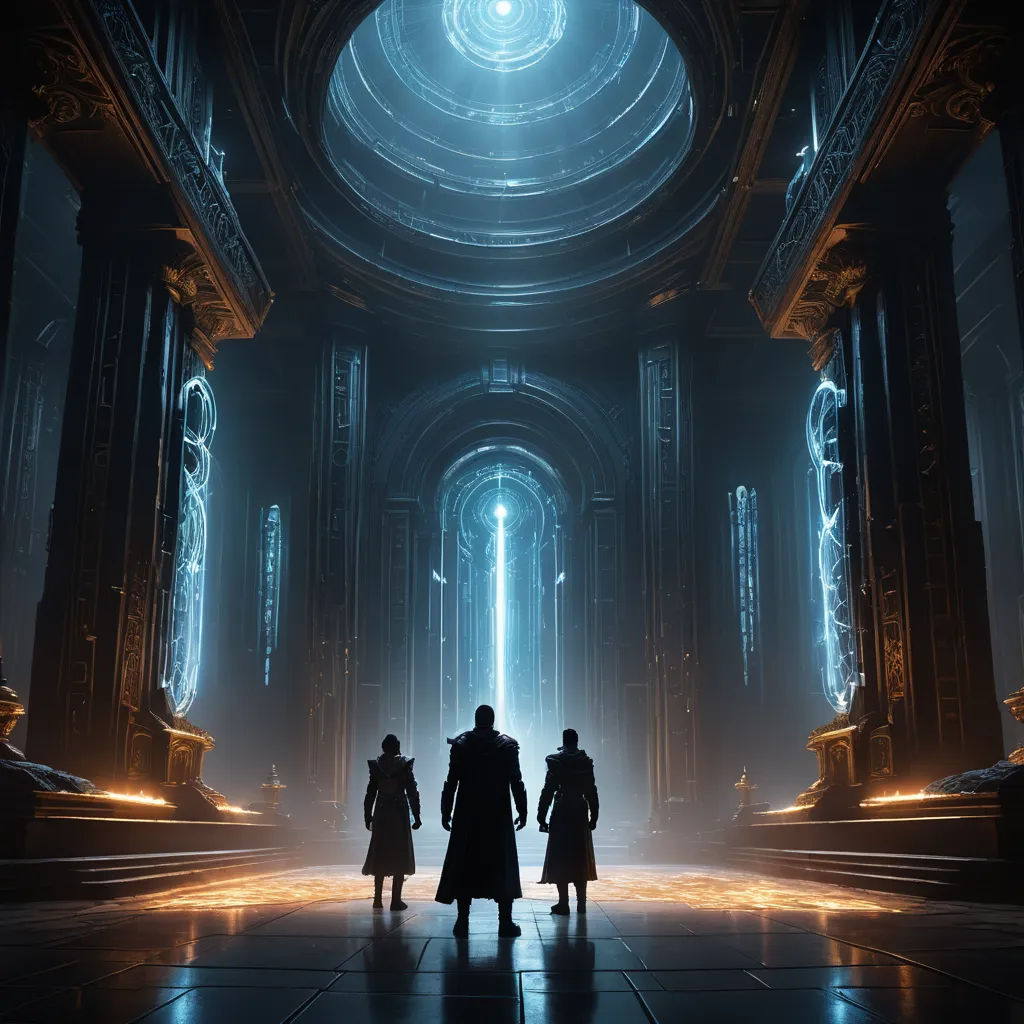 a group of people standing in a dark room with a light coming through the doorways and a bright light coming through the doorway, rayonism, a screenshot, Cedric Peyravernay, unreal 5