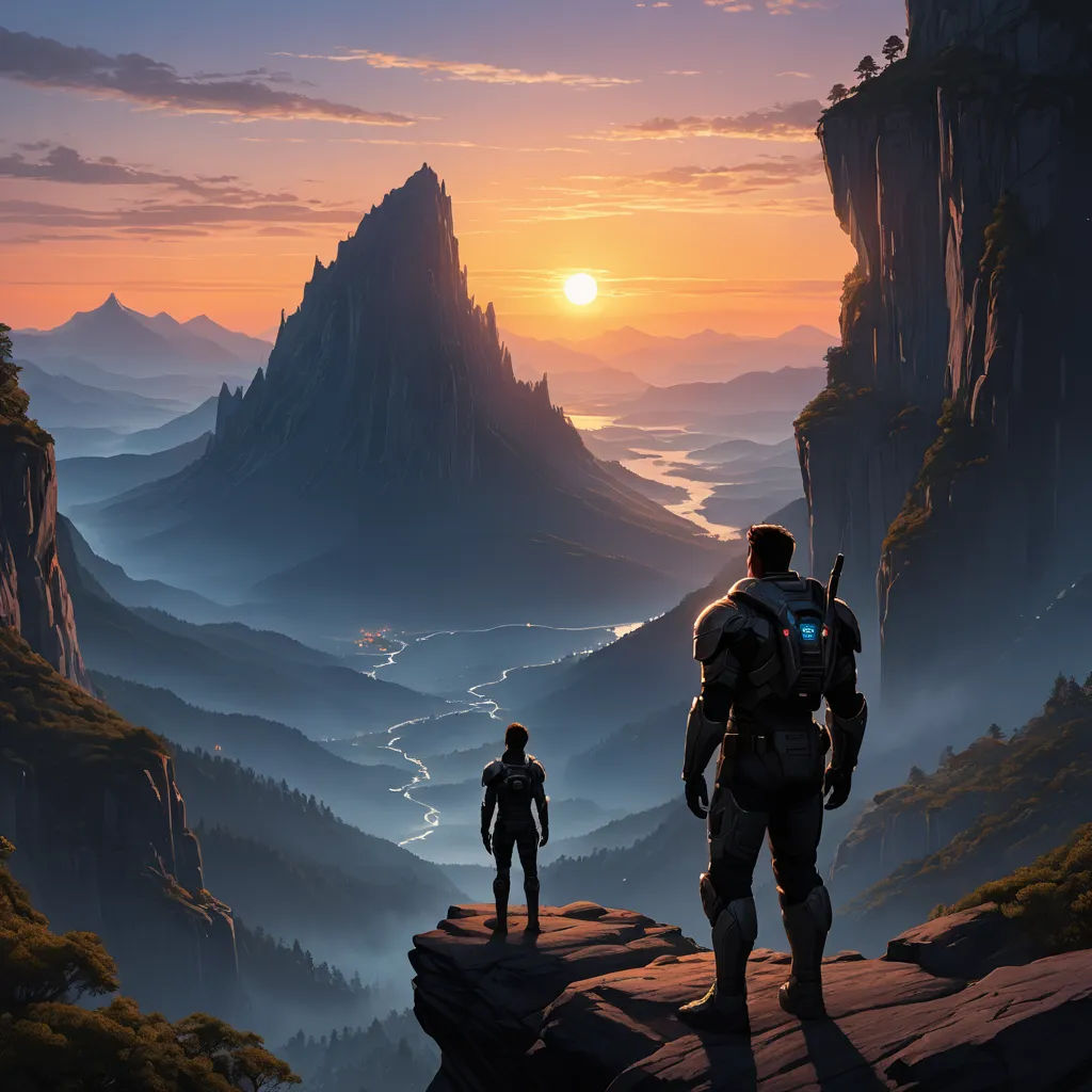 a couple of people standing on top of a cliff next to a mountain at sunset with a river below, fantasy art, a detailed matte painting, Clint Cearley, unreal 5