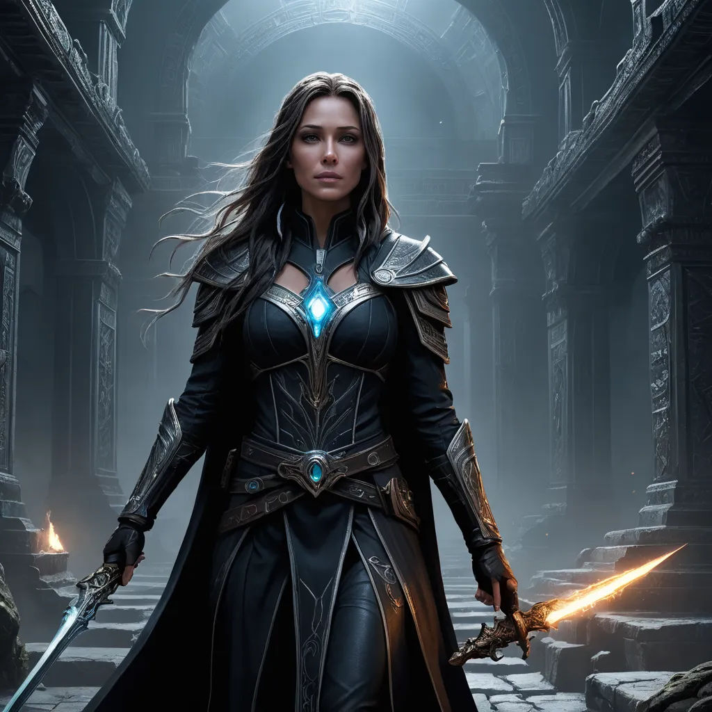 a woman in a black outfit holding two swords in a dark alley with a light shining through her eyes, fantasy art, concept art, Aleksi Briclot, magic the gathering artwork