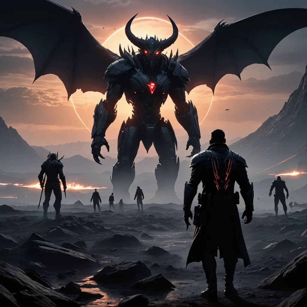 a group of people standing in front of a giant dragon in a desert area with a giant demon in the background, fantasy art, concept art, Eddie Mendoza, unreal 5