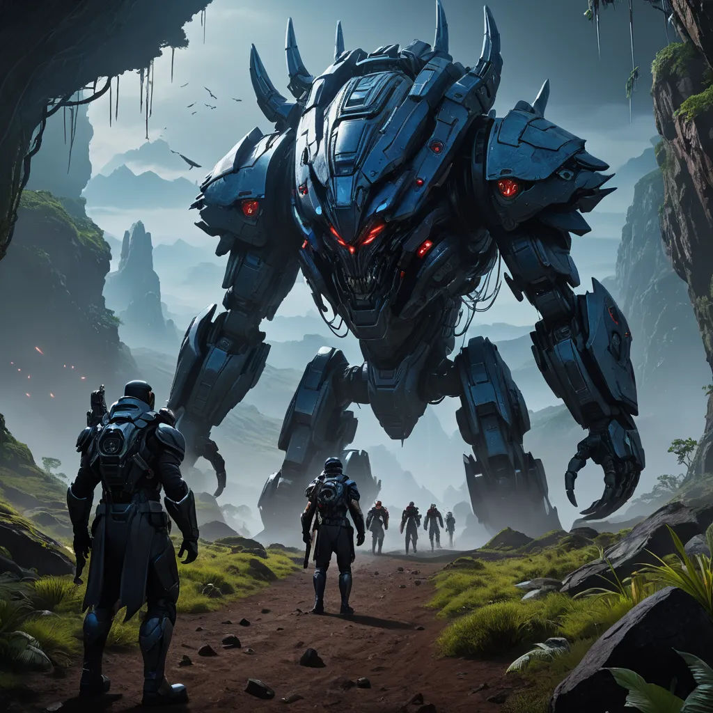 a group of people walking through a forest next to a giant robot with red eyes and horns on it, antipodeans, concept art, Aleksi Briclot, unreal 5